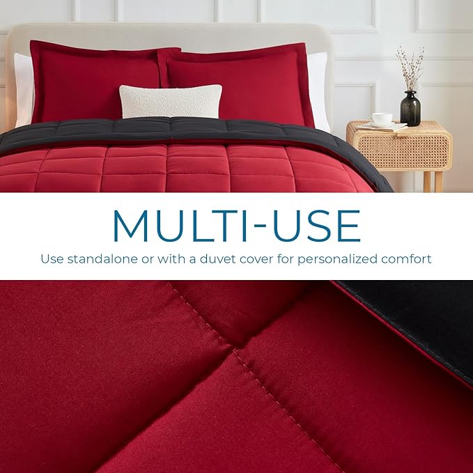 Nestl 3 Piece Quilted Down Alternative Comforter with 2 Pillow Shams, All Season Red/Black Duvet Inserts, Full Size with Corner Tabs