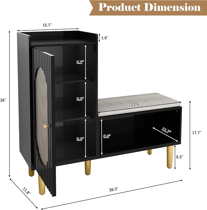 HLR Storage Bench Set of 2, Black Modern Entryway Shoe Cabinet Bench with Glass Door&Shelf, L-Shaped Storage Cabinet with Padded Seat for Hallway, Bedroom, Living Room, Office - Image 2