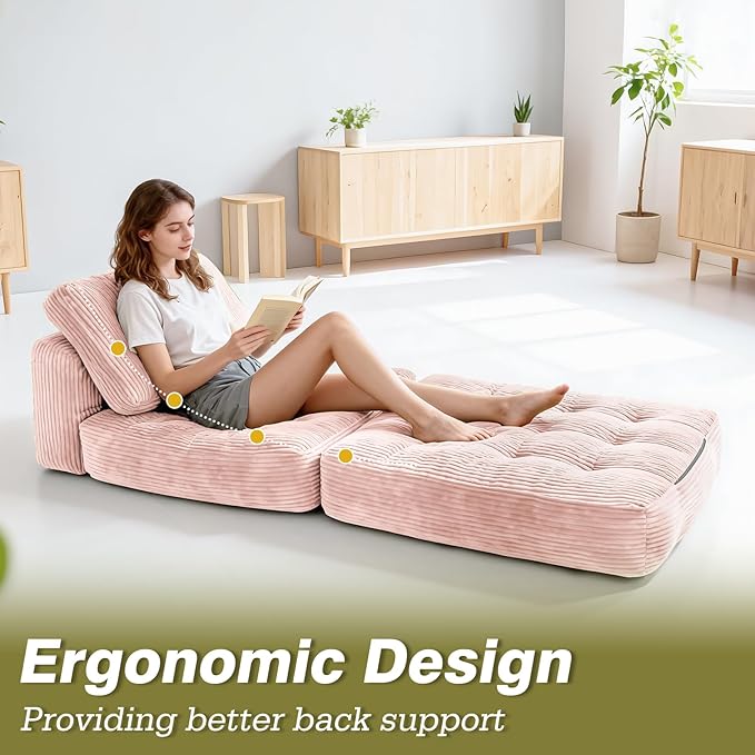 Art3d Folding Sofa Bed, Convertible Sleeper Sofa Bed with Pilow & Back Support, 3 in 1 Long Futon Boneless Couch, Comfy Floor Couch for Living Room, Bedroom, Light Pink