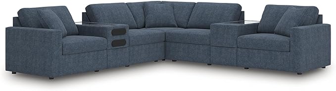 Signature Design by Ashley Modern Modmax Stain Resistant L-Shape Symmetrical 7-Piece Balanced Sectional with Audio and Storage Consoles, Dark Blue