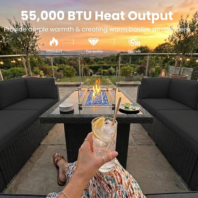 8 Pieces Patio Furniture Set with 44" Propane Gas Fire Pit Table, Outdoor Sectional Wicker Conversation Sofa Sets with Coffee Table