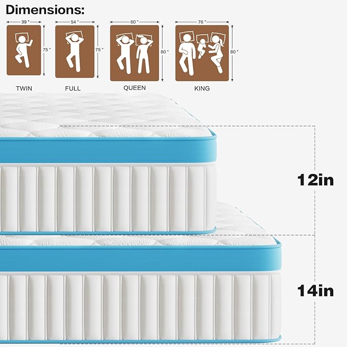 Queen Size Mattresses 14 Inch Medium Firm Queen Mattress Hybrid Memory Foam Individual Pocket Springs, Pressure Relief & Motion Isolation, CertiPUR-US Certified Matress