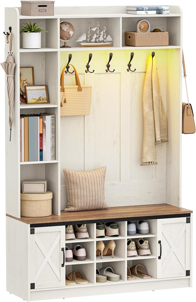 Hzuaneri 47.2" Hall Tree, LED Farmhouse Entryway Storage and Coat Rack Wood, Entryway Furniture with 7 Hooks, Hall Tree with Bench and Storage, 6 Storages Partitions Shoe Bench, Rustic White HT24514X by Hzuaneri