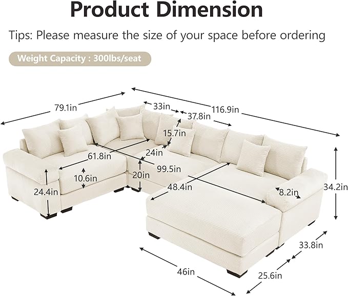 KEIKI 117" U-Shaped Oversized Corduroy Modular Cloud Sectional Sofa with 1 Ottoman, High-Density Foam Cushion, Extra-Thick Armrest, 4-Seater Fluffy Corner Couch with 14 Pillow, for Living Room, Beige