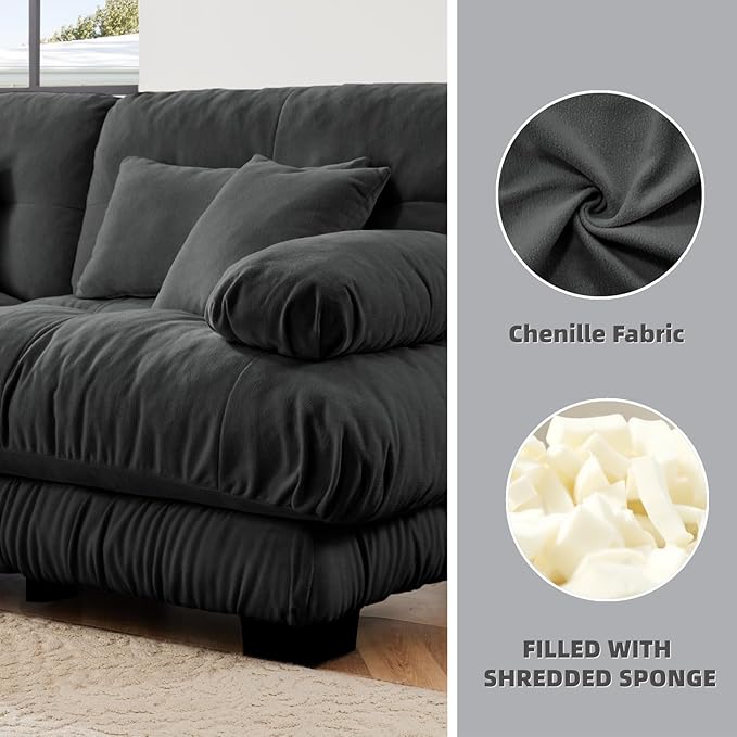133.8" U-Shaped Cloud Couch, Oversized Modular Sectional Sofa, Deep Seat Cloud Boneless Couch, 3-Seat Modular Sectional Sofa with 2 Ottoman or Living Room,Bedroom and Apartment, Gray