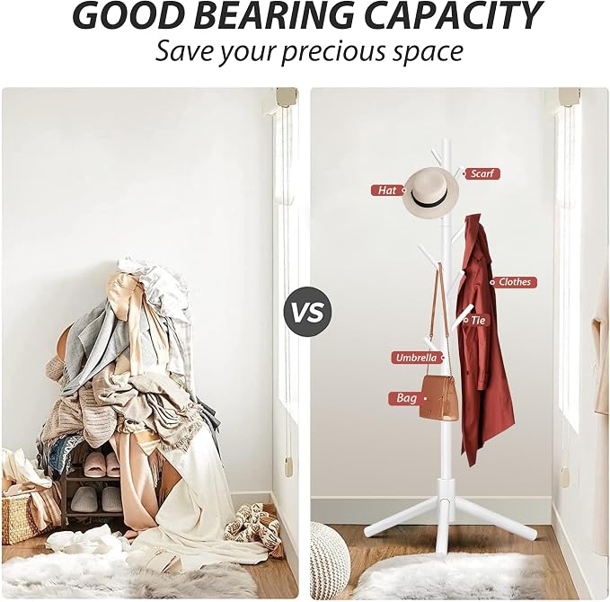 Unisakey Durable Wooden Coat Rack, Freestanding Coat Rack with Stable Triangular Base, 8 Hooks & 3 Adjustable Heights, Simple Assembly for Bedroom, Hallway, Office(New White) - Image 8