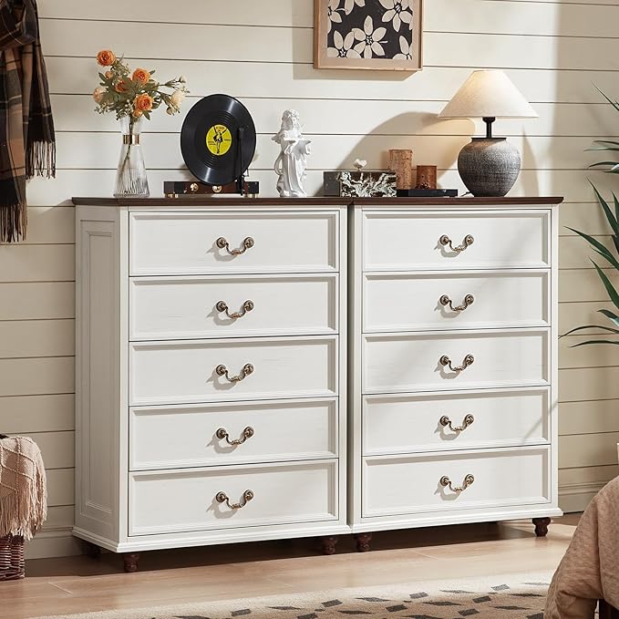 Joaxswe 24" Wide Farmhouse Nightstand with Charging Station Set of 2, 45" Tall Rustic Chests of 5 Drawers w/ 4 Solid Wood Feet, Farmhouse Furniture Series for Living Room,Bedroom,White