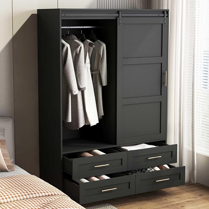 Armoire Wardrobe Closet with Sliding barn Door，Wardrobe Cabinet with 4 Storage Drawers and Hanging Rail,Freestanding Wooden Closet for Bedroom (Black)