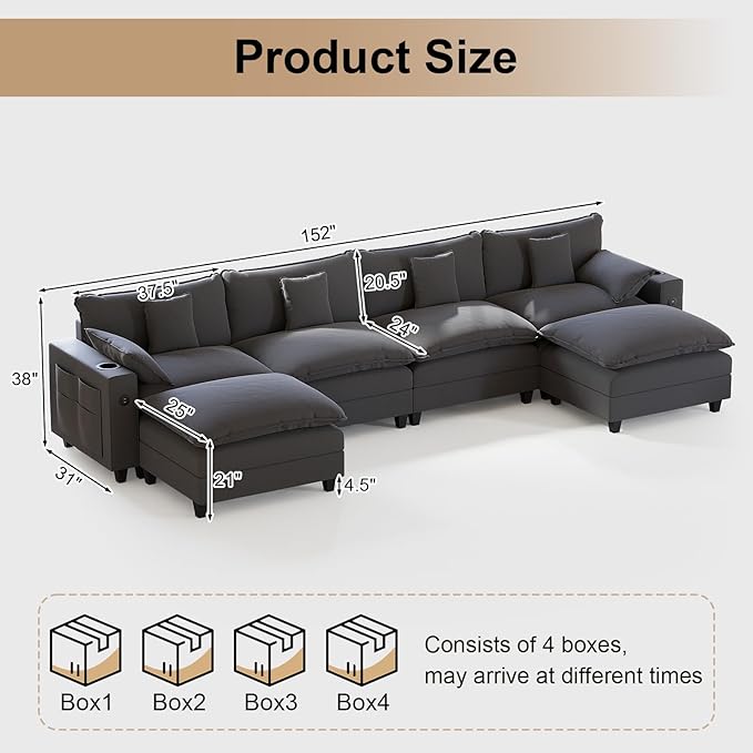 152" Modular Sectional Sofa, U Shaped Cloud Couch with Movable Ottoman, Chenille Deep Seat Cloud Sofa with Charging Station, Cup Holder, Side Pocket, Sectional Couches for Living Room, Grey