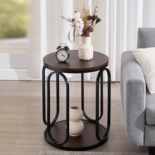 BECHAEO Small Side Table 19.7", 2-Tier Round Bedside Table with Storage, Wood Industrial Design End Tables for Living Room, Bedroom, Office, Bathroom, Dark Coffee