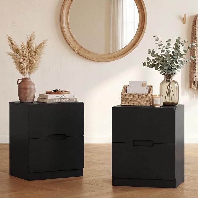 RoyalCraft Black Nightstand Set of 2, Night Stand with Drawers, Modern Bedside Table with Handless Design, Wood End Table for Bedroom, Hallway by Bringyoubetterlife