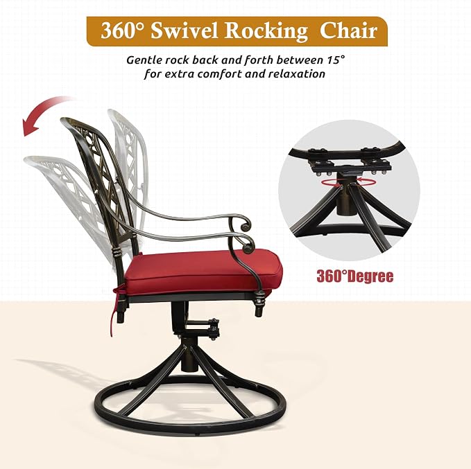 Cast Aluminum Outdoor Patio Dining Set, All Weather Outdoor Furniture Dining Set for Patio, Balcony, Lawn, Garden, Backyard (1 Round Table+4 Red Swivel Dining Chairs) - Image 5