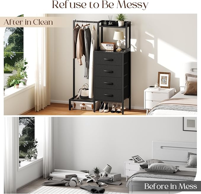 Yoobure Black Dresser with Hanging Rack - Small Closet with 4 Fabric Storage Drawers, 44" H Dresser with Clothes Rack, Chest of Drawer, Kids Dressers for Bedroom, Entryway, Living Room, Sturdy Frame - Image 7