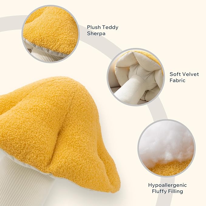 Phantoscope Mushroom Shaped Throw Pillow, Teddy Fleece Soft Mushroom Decorative Pillows Cute 3D Shaped Cushion for Couch Sofa Bed Chair, Yellow,13 x 12 inches