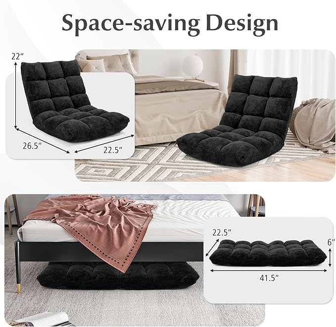 14-Position Floor Sofa, Folding Gaming Sofa Chair, Comfy Cushions & Study Steel Frame, Angle Adjustable Sleeper Bed, Couch Recliner (Black)