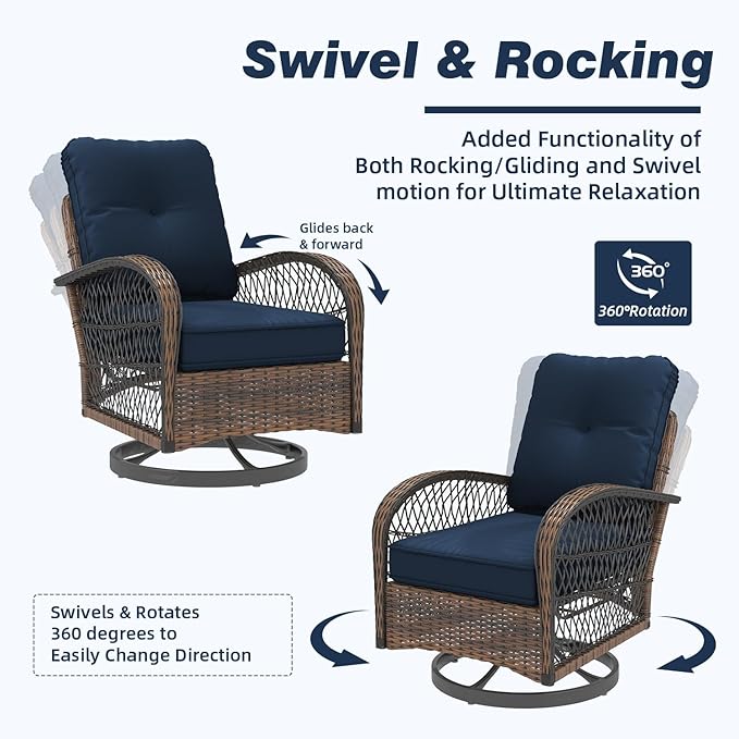 EROMMY 3 Pieces Patio Furniture Set, Outdoor Swivel Rocker Patio Chairs, Wicker Patio Bistro Set with Rocking Chair, Thickened Cushions and Glass Coffee Table for Backyard, Garden, Navy Blue
