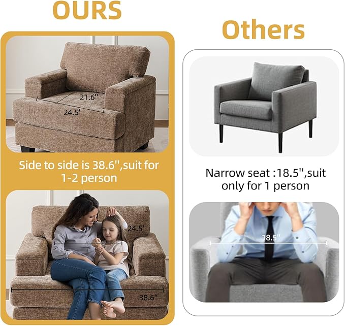 Oversized Living Room Chairs Set of 2,Comfy Accent Chair with Armrest Organizer,Upholstered Modern Armchair Thick Cushion,Big Reading Chair,Sofa Chair for Bedroom,Brown