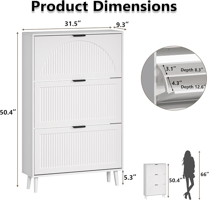 BORNOON Shoe Cabinet for Entryway with 3 Flip Drawers, Slim Wooden Shoe Storage Organizer with Modern Fluted Pannel，Freestanding Narrow Hidden Shoe Rack for Hallway, Foyer, Living Room - Image 2