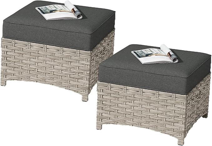 HOOOWOOO 2 Piece Patio Ottoman Set,Outdoor Wicker Ottomans,All Weather Resistant Rattan Deck Ottoman Matching Furniture(Black)