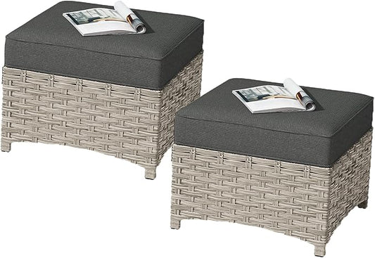 HOOOWOOO 2 Piece Patio Ottoman Set,Outdoor Wicker Ottomans,All Weather Resistant Rattan Deck Ottoman Matching Furniture(Black)