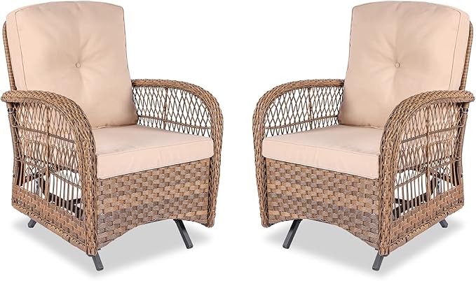 MEETWARM Patio Wicker Rocking Glider Set, All-Weather Outdoor Rattan Patio Rocking Chairs of 2, Patio Conversation Set with Thickened Cushions for Porch Garden & Backyard, Brown
