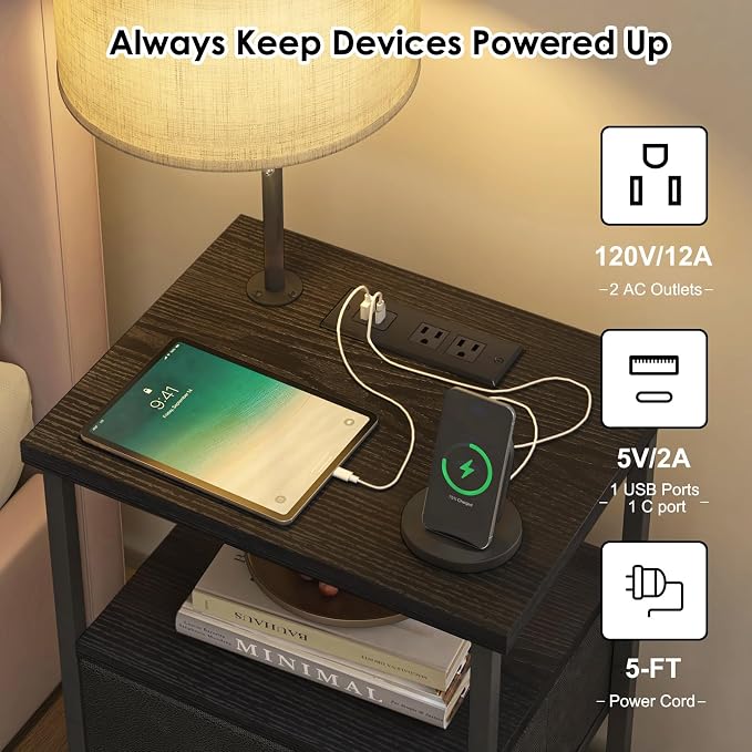 Fixwal Nightstand with LED Lights Bedside Table with 3 Color Temperatures Bulb, NightStand with Charging Station End Table with Adjustable Fabric Drawer for Bedroom Dorm, Black - Image 4