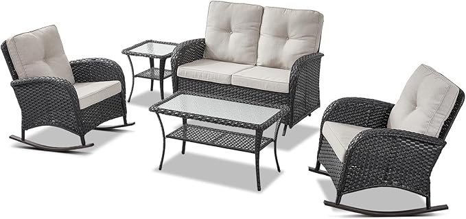 Belord 5 Piece Outdoor Conversation Patio Furniture Set - All-Weather Wicker Patio Rocking Chairs with Loveseat Glider Chair and Coffee Table for Patio Deck Porch Backyard Black Wicker