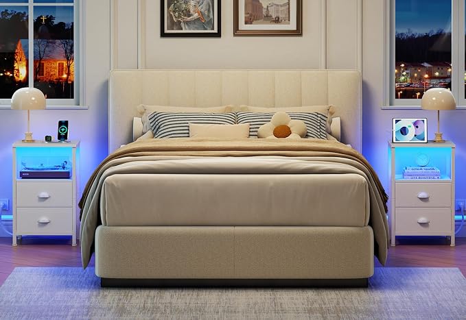 Furologee LED Night Stand with Charging Station, White Nightstand with Fabric Drawers, Bedside Table with Storage Shelf, End Table for Living Room/Bedroom/Dorm - Image 7