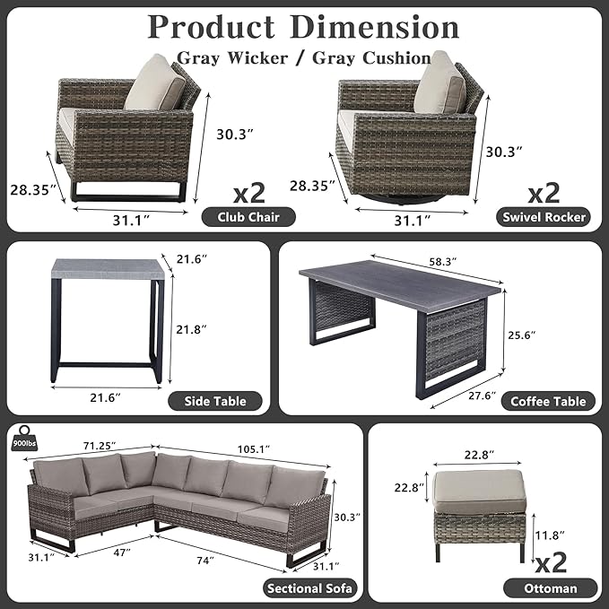 Belord Outdoor Sectional Furniture with Swivel Rocker Chair, 10 Pieces Wicker Patio Furniture Sets with Ottoman L Shaped Sofa Coffee Table Grey Cushion