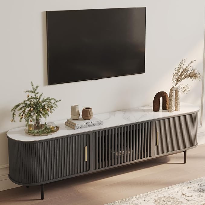POVISON Fully-Assembled Sliding Tambour Door TV Stand, Mid Century Modern Sintered Stone TV Console, Wood Media Console for 75 Inch TV, Entertainment Center with Storage Cabinet(Black, 78.74") by POVISON