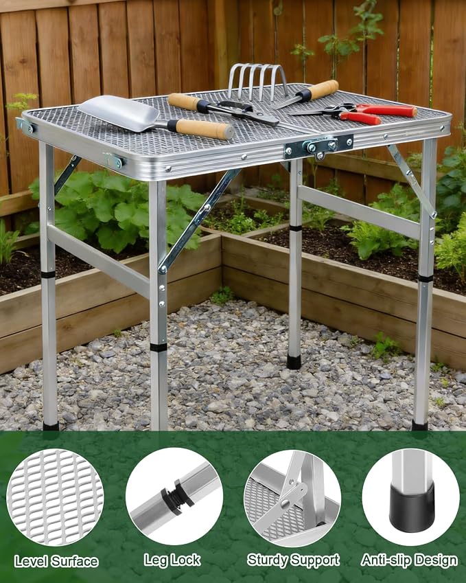 Small 2ft Folding Table with Carry Handle, Adjustable Height 10.6" or 22", Silver Metal Mesh, Portable & Compact Indoor/Apartment/Card/Side/Grill Table, 23.6"Lx15.8"W, Lightweight 4 lb, 66 lb Capacity - Image 7