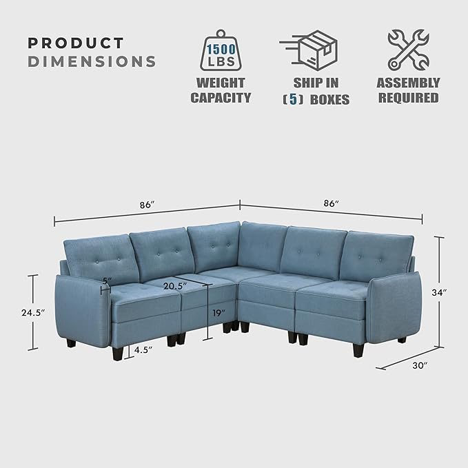 Lexicon L Shape Sectional Couch with Hidden Storage, Textured Fabric Modular Sectional Sofa with Button-Tufted Design, Reversible Back Cushion, 5 Seater Large Sofa, Blue