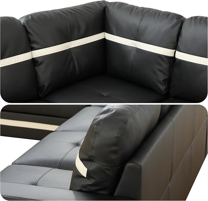 103.5 Inch Modern L-Shaped Couch, PU Leather Sectional Sofa with Chaise Lounge, 4-Seater Couch with Accent Pillows for Living Room, Apartment, Black and White