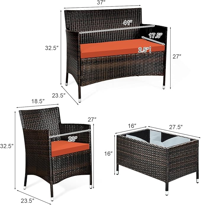 Tangkula 4 Pieces Patio Rattan Conversation Set, Outdoor Wicker Furniture with Tempered Glass Coffee Table & Thick Cushion, Rattan Chair Wicker Set for Garden, Lawn, Poolside and Backyard (1, Orange)