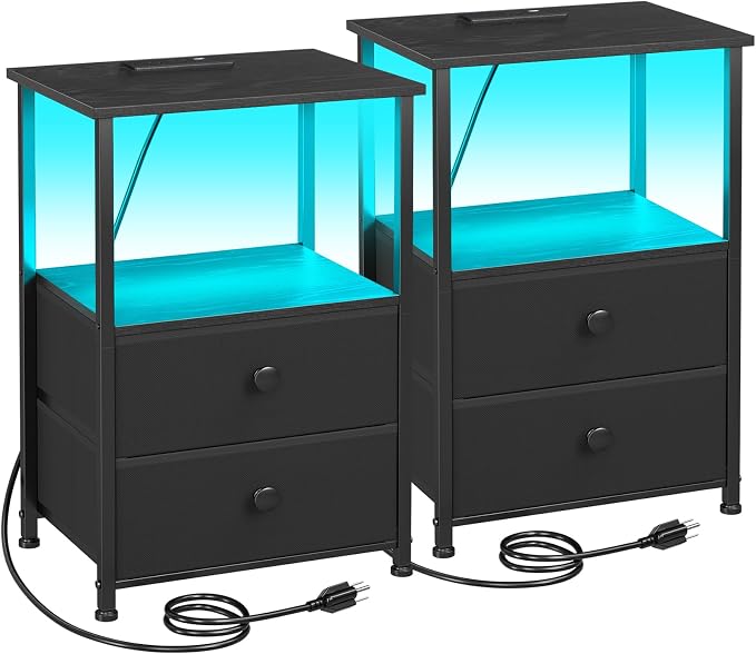 LOAKEKEL Night Stand Set 2, LED Nightstand with Charging Station, End Tables with Storage Shelf, Bed Side Table with 2 Fabric Drawers for Bedroom, Small Spaces, Black, HETS02BK by LOAKEKEL