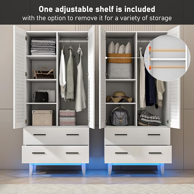 Hlivelood 2 Door Armoire Wardrobe Closet Cabinet with Mirror, Drawers and LED Lights, Multi-Tier Shelves, Hanging Rod & 2 Louver Doors, Large Capacity Storage Wardrobe Armoire for Bedroom, White