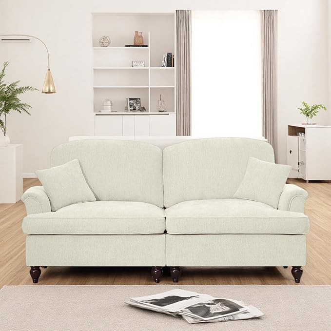 Oversized Large Two Seater Sofa, Comfy Chenille Love Seat Couch with Removable Ruffles Pleats & Large Petal-Shaped Armrests, Elegant Mid Century Convertible Sofa with Spindle Legs, Beige White