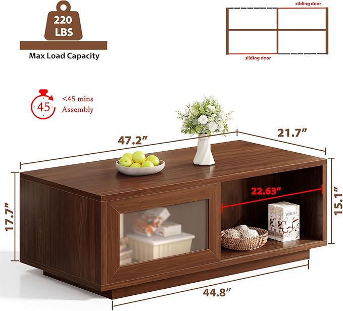 HSH Coffee Table for Living Room, Long Rectangle Coffee Table with Storage, Farmhouse Wood Low Coffee Tables, 2-Tier Wood Desktop Center Tea Table with Open Shelf, Walnut