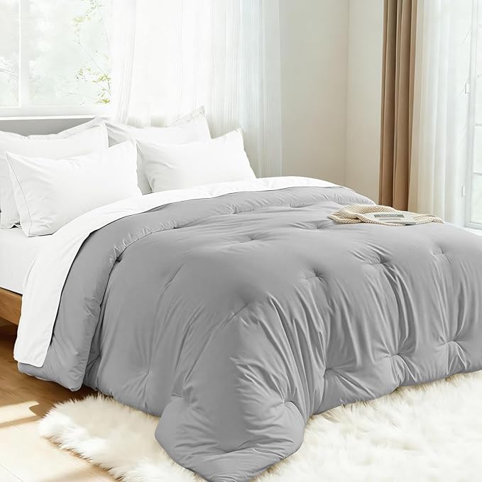 Comforters Full Size, All Season Quilted Bed Comforter, Ultra-Soft Down Alternative Duvet Insert with 4 Tabs, Lightweight Bedding Blanket - Machine Washable, Light Gray