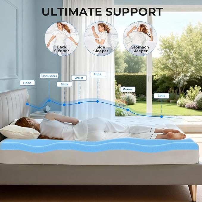 OhGeni Memory Foam Mattress Topper Pad, Soft Bed Cover with Anti-Slip Base, Size Queen, Style 2 Inch with Cover