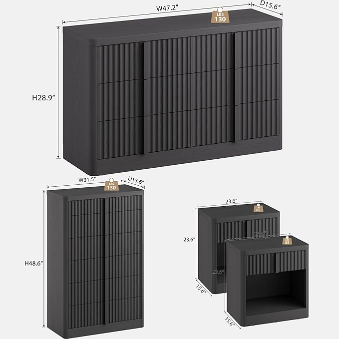 Fluted Dresser and Nightstand 4-Piece Bedroom Set, 47" Wide 6-Drawer + 49" Tall 6-Drawer Dresser and 2 Nightstands with Charging Station, Modern Bedroom Dressers Sets, Hallway, Living Room, Black