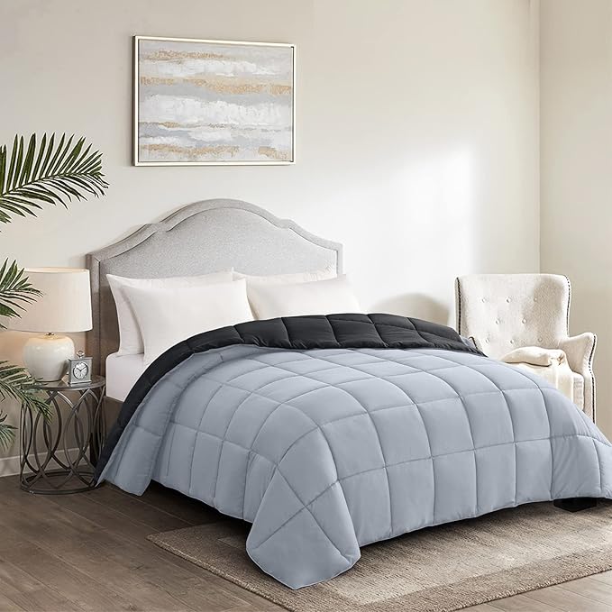 Homelike Moment Comforters Queen Size - Black Duvet Insert Down Alternative Bed Queen Comforter, Lightweight Bedding Comforters Full Size Quilted Soft All Season Reversible Black/Light Grey