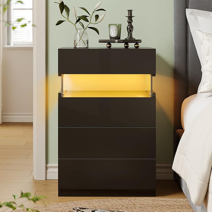 Bingoday Black LED Nightstands Set of 2,Modern Night Stand with 4 Drawers,Tall Nightstand,Large Capacity,Multi-Color LED Lights,End Side Table for Bedroom - Image 4
