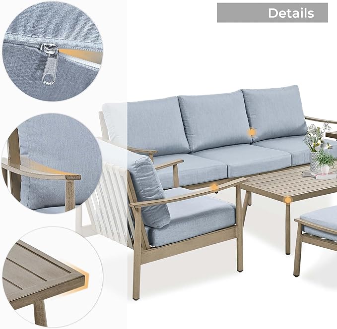 HAPPATIO Patio Outdoor Furniture Set - 7 Pieces Aluminum Outdoor Conversation Set Includes 1 Three-Seater Sofa, 1 Coffee Table, 1 Side Table, 2 Armchairs and 2 Ottomans for Porch Lawn (Brown)