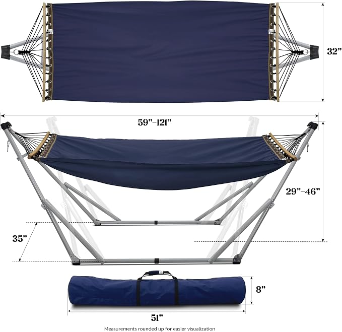 Tranquillo Ultimate Relaxation Portable Hammock Stand, Foldable Hammock Stand with Canvas Hammock, Spreader Bar, Quick Fold Unfold in 30 Seconds Steel Frame Hammock 600 lbs Capacity, White/Navy - Image 2