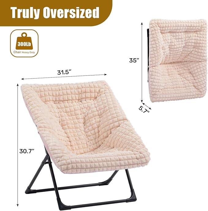 HollyHOME X-Large Saucer Chair, Comfy Oversized Folding Chair, Faux-Fur Reading Chair for Teens, Adults, Foldable Accent Chair, Metal Lounge Chair for Living Room, Bedroom, Dorm, Grid Champagne Pink