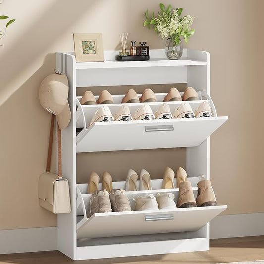Shoe Cabinet Organizer with 2 Flip Drawers & 2-Tier Adjustable Shelves, Freestanding Shoe Rack Cabinet, Narrow Shoe Storage for Entryway, Foyer, Hallway, White, 23.6" W × 9.4" D × 33.1" H by Draelibor