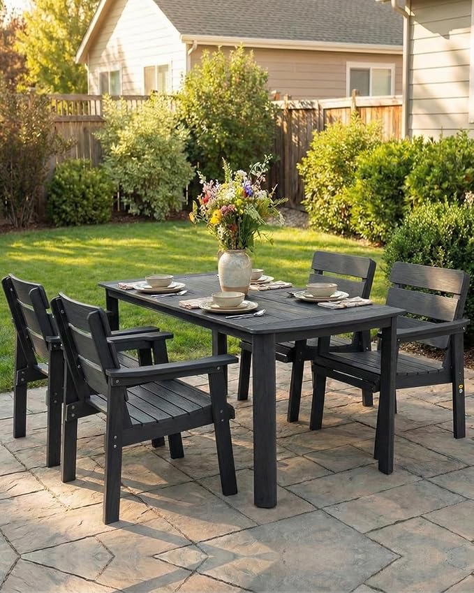 Outdoor Rectangle Dining Table with Rounded Edge, 67" All-Weather HIPS Patio Table for 6, Outdoor Furniture with Umbrella Hole, Ideal for Garden, Poolside, Backyard, Deck, Black - Image 8