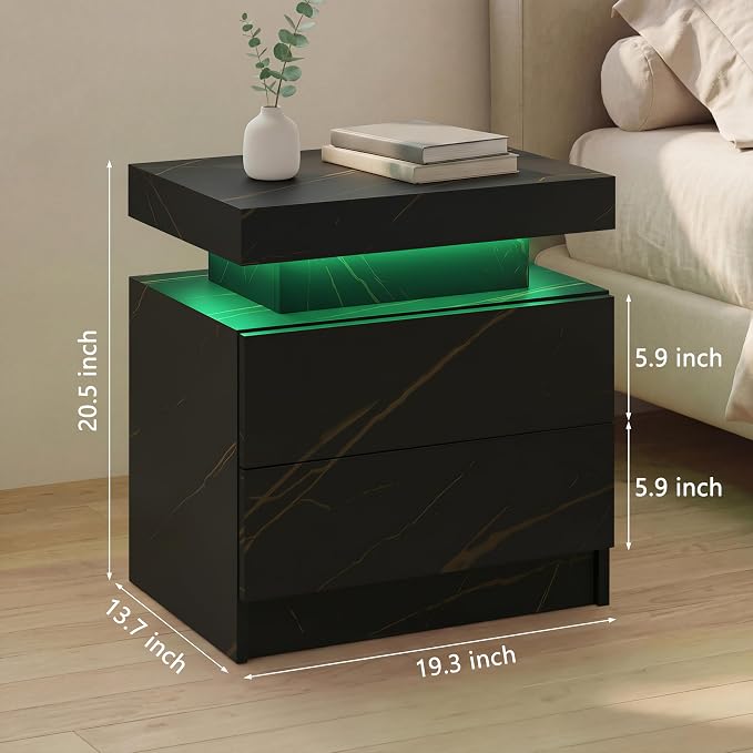 i-aplus LED Nightstand LED Bedside Table with 2 Drawers, Wooden Cabinet Unit with LED Lights for Bedroom, End Table Side Table for Bedroom Living Room… - Image 2