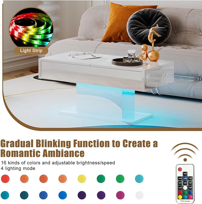 White Modern Coffee Table with Hidden Storage for Living Room, Living Room Table Rectangular Center Tables Sliding Top with LED Lights, Wooden Cocktail Table for Reception Room